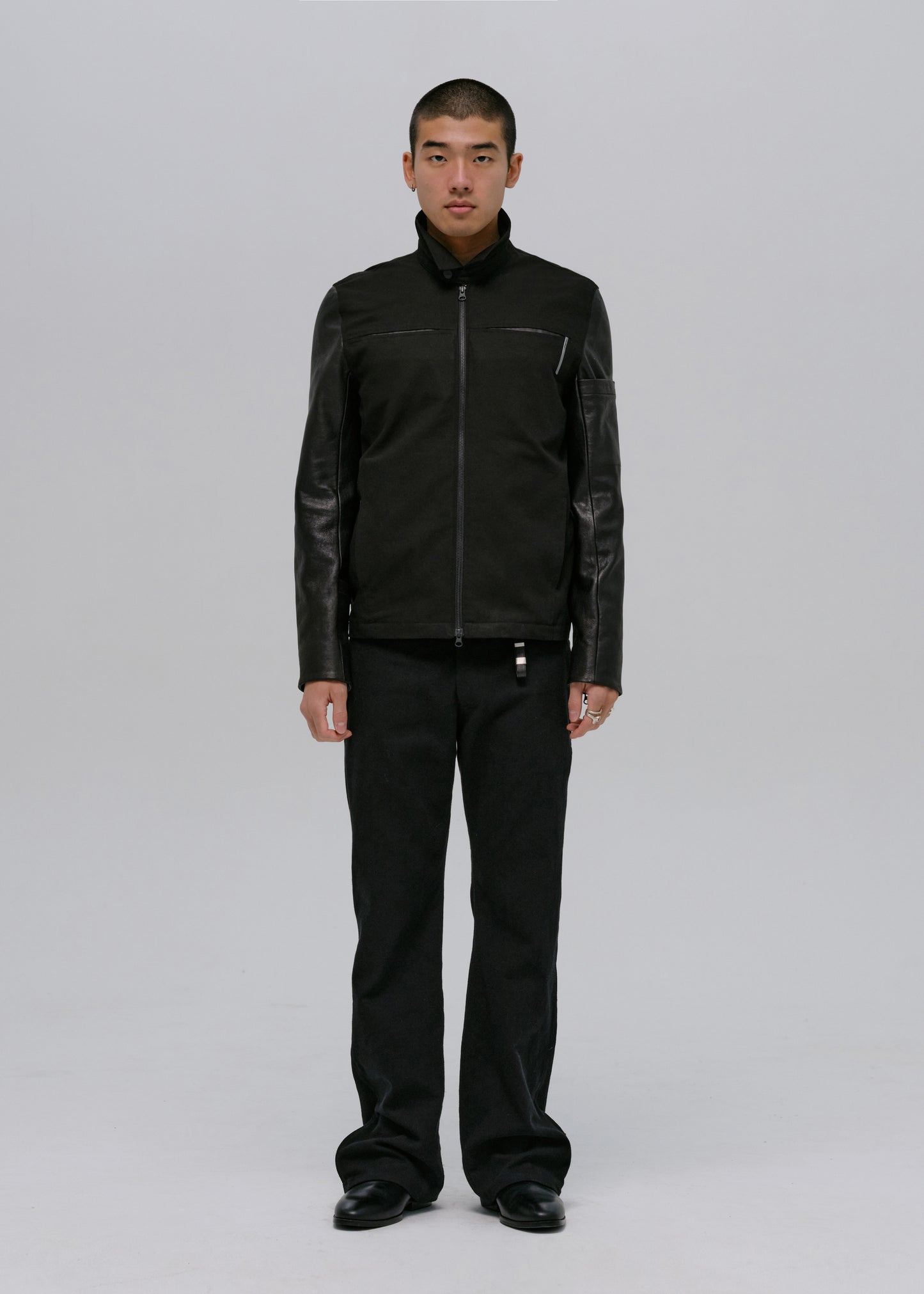 Leather-Sleeve Zip Jacket