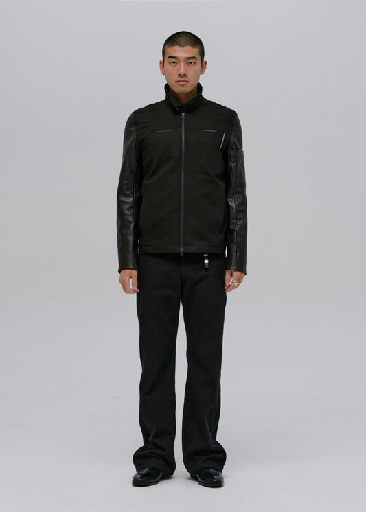 Leather-Sleeve Zip Jacket