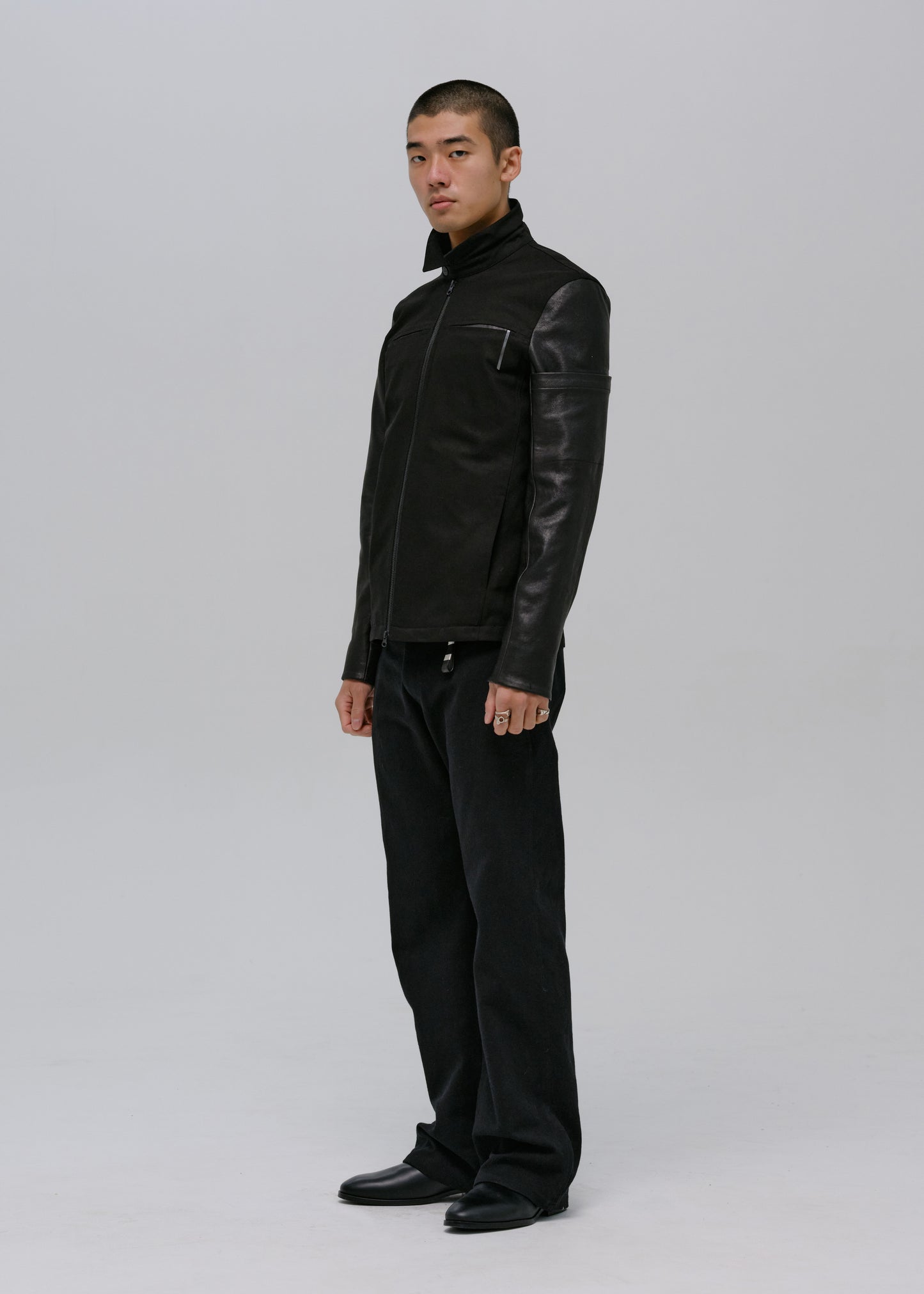 Leather-Sleeve Zip Jacket
