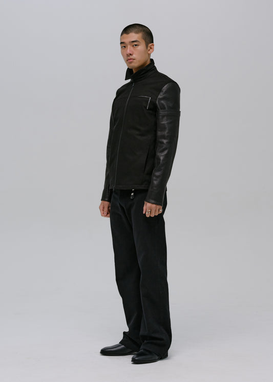 Leather-Sleeve Zip Jacket
