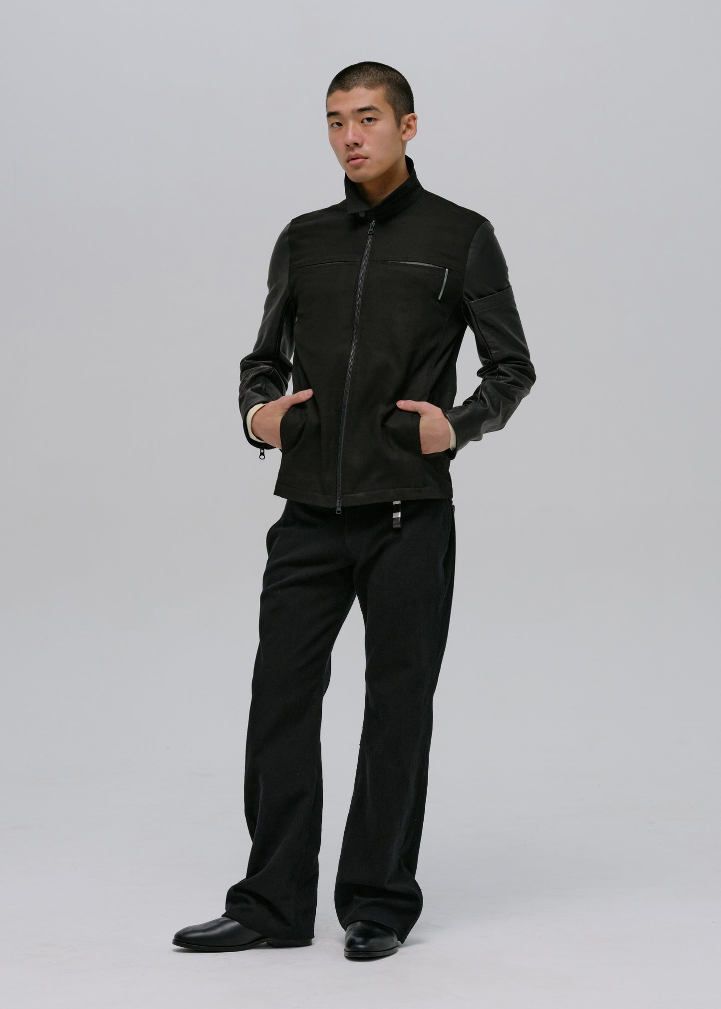 Leather-Sleeve Zip Jacket