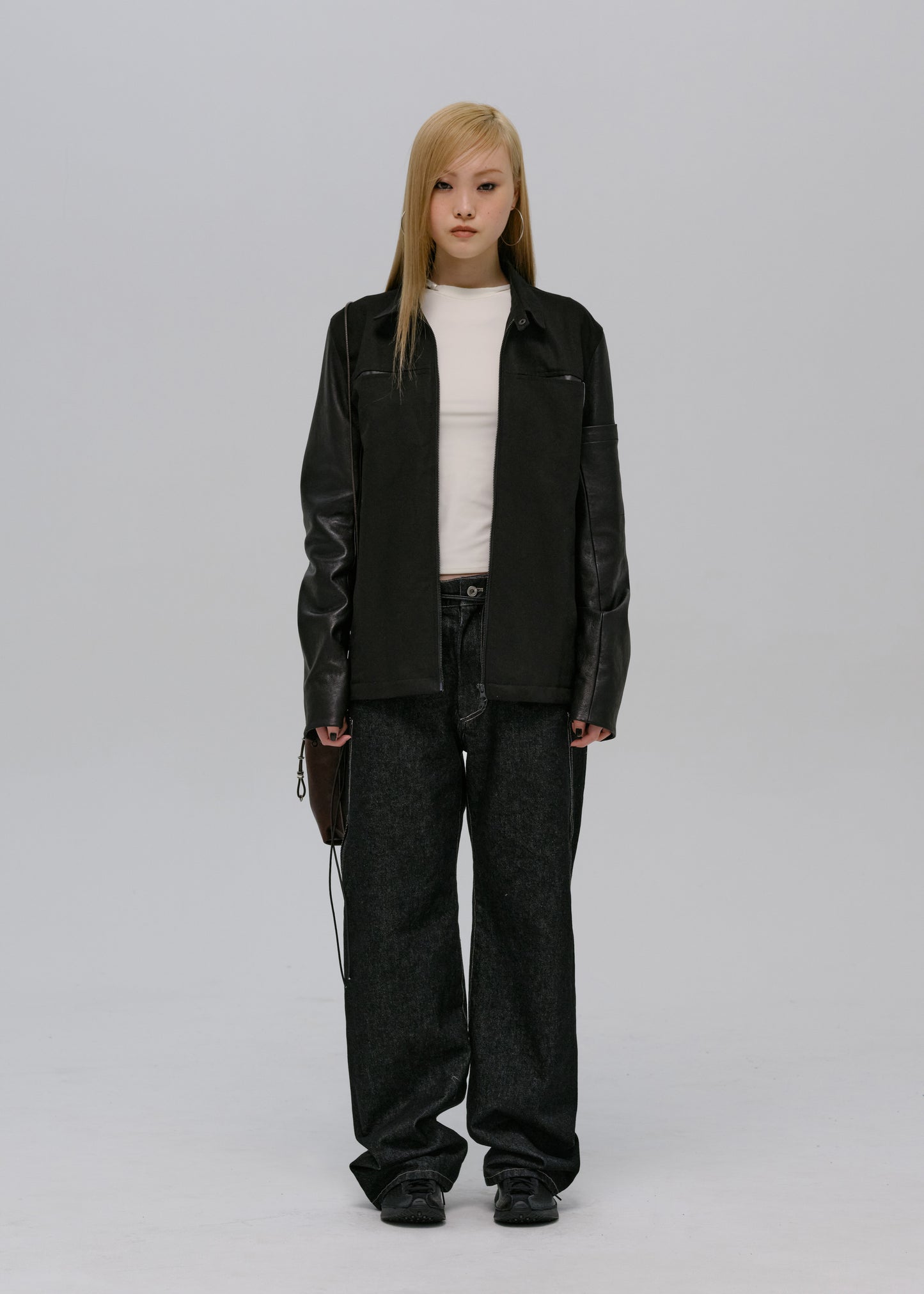Leather-Sleeve Zip Jacket