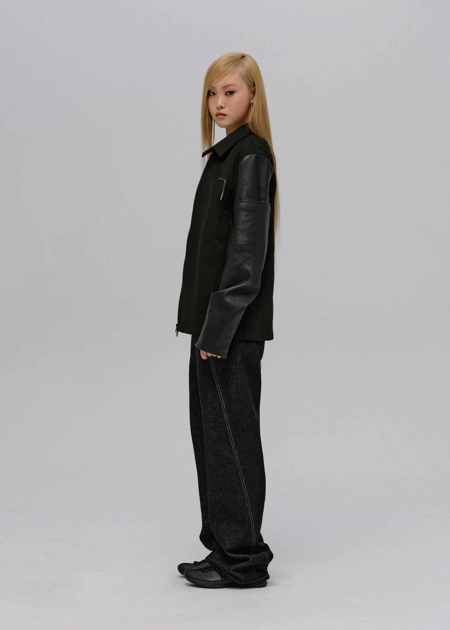 Leather-Sleeve Zip Jacket